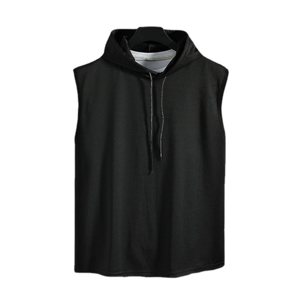 Men Sleeveless Hoodie Gym Sweatshirt Vest Top Skin Friendly Polyester Solid Color Black XL