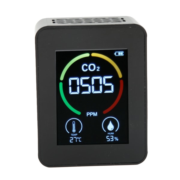 CO2-detektor, kuldioxidmonitor, infrarød luftkvalitetsmonitor, sensordetektor med temperatur- og fugtighedsregistrering, sort