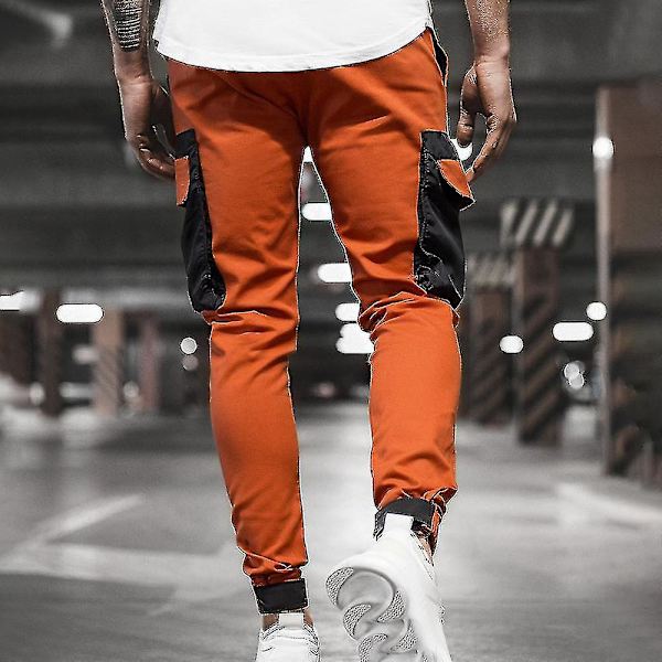 Slim Fit Herr Cargo Byxor Joggingbyxor Arbetsbyxor Träningsbyxor Orange 3XL