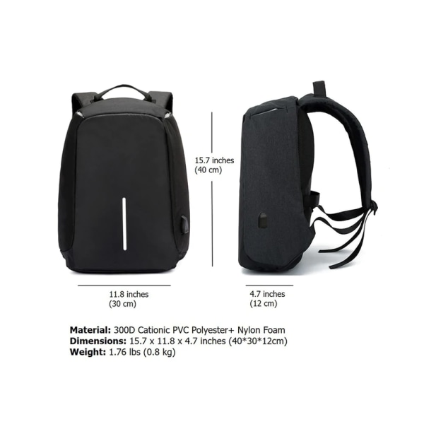 Tyverisikring bærbar rygsæk med USB-opladningsport Passer til 15,6 tommer bærbar