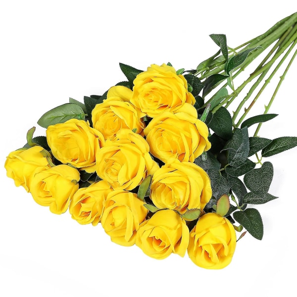 12 stk kunstige blomster realistiske roser bukett lang stilk for hjemme bryllup dekorasjon fest (gul)