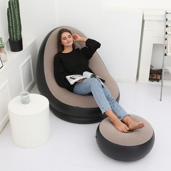 Uppblåsbar stol Fällbar flockande PVC Bekväm med fotpall Blow Up Lounge stol för utomhuscamping resor kaffe