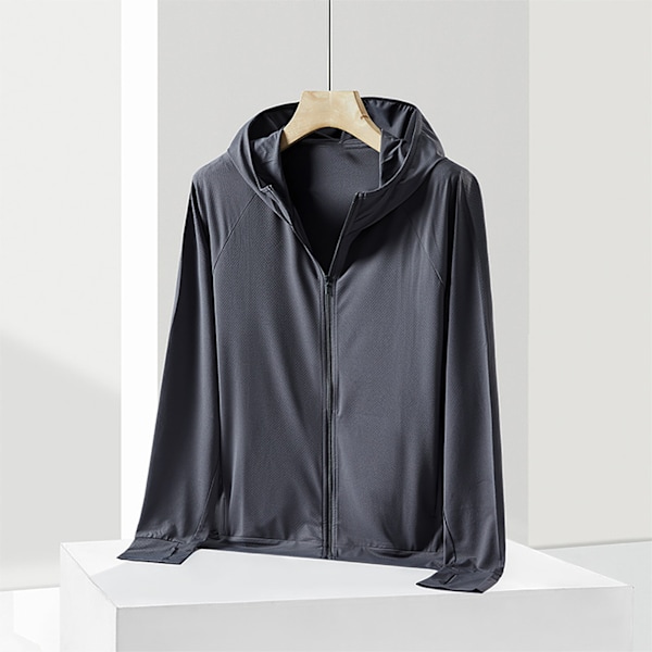 Mænd UPF 50+ Solbeskyttelse Letvægts Full Zip Hoodie Jakke Langærmet Solbeskyttende Jakke til Fiskeri Vandreture Udendørs Mørkegrå XL
