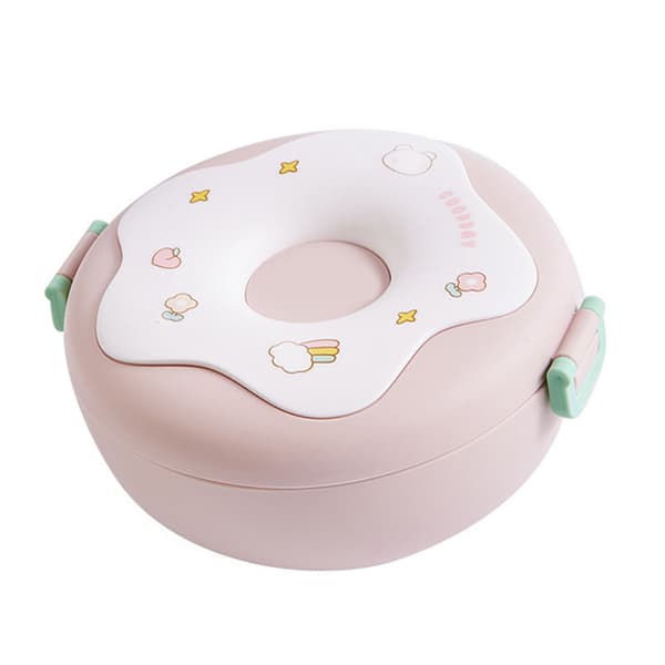 Bento Bowl Donut Shape Heatable with Lid Fork Spoon Plastic Lunch Container for Office School Pink