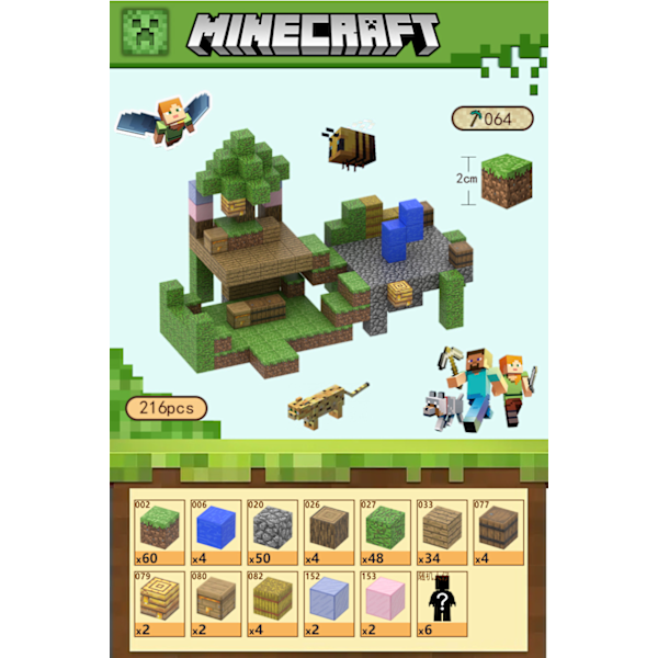 Minecraft byggeklodser, magnetiske byggeklodselegetøj - Yuntai Xiaozhu 216 stykker, 6 figurer