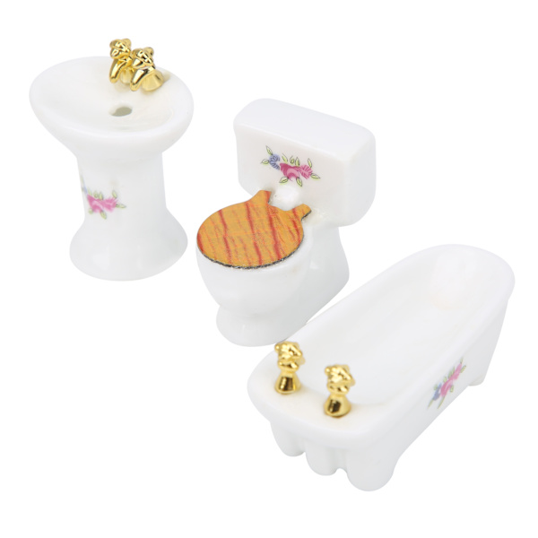 1/24 Nuken talo Miniatyyri kylpyhuonesetti Simuloitu Keramiikka kylpyamme WC-pönttö Pesualtaan sarjaRose