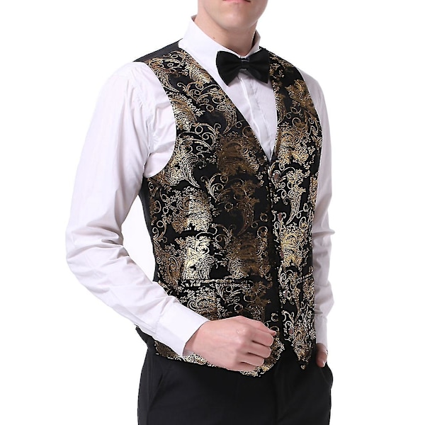 Tryckt V-ringad affärsmässig casual herr kostym väst - 6 färger (XL, Svart/Guld/Silver)