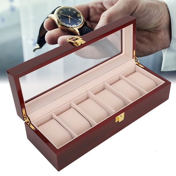 Trä 6 Grid Watch Display Box Transparent fönster Watch förvaringsbox (röd)