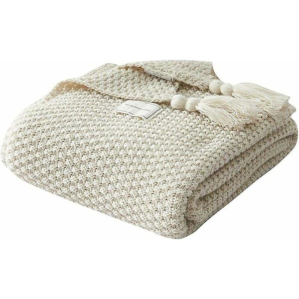 Pehmeä ja lämmin pohjoismainen neulottu peitto käsintehdyllä reunuksella - Beige (70 x 100cm)