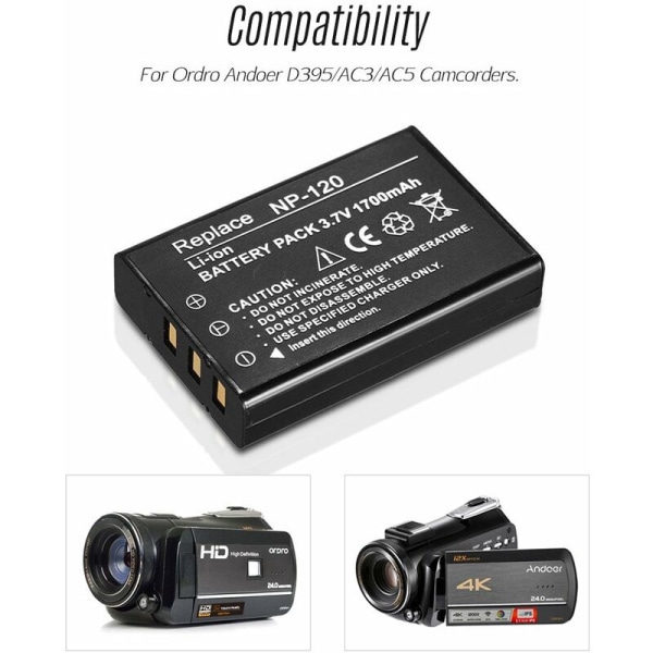 NP-120 erstatningsoppladbart batteri 1700mAh for Ordro Andoer D395/AC3/AC5 videokameraer, modell: svart