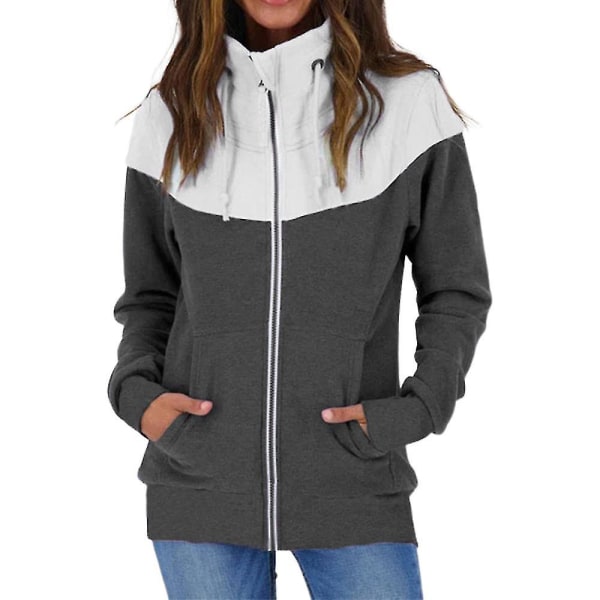 Kvinnor Colorblock High Neck Sweatshirt Långärmad Zip Up Casual Hoodie Toppar Plus Size dark gray 2XL