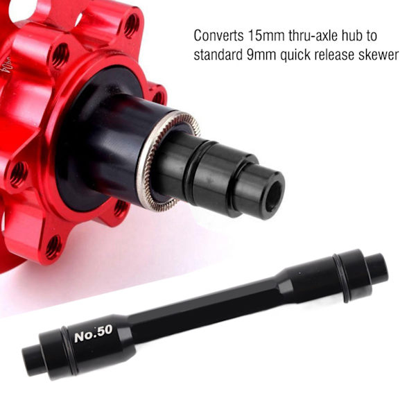 Pyörän 15 mm läpiakselin navin sovitin 9 mm pikalukituskeppiin 100 mm etupyörälle (musta)