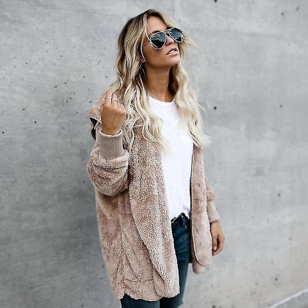 Mjuk Fleece Teddybjörn Huvjacka för Kvinnor - Khaki, Storlek M