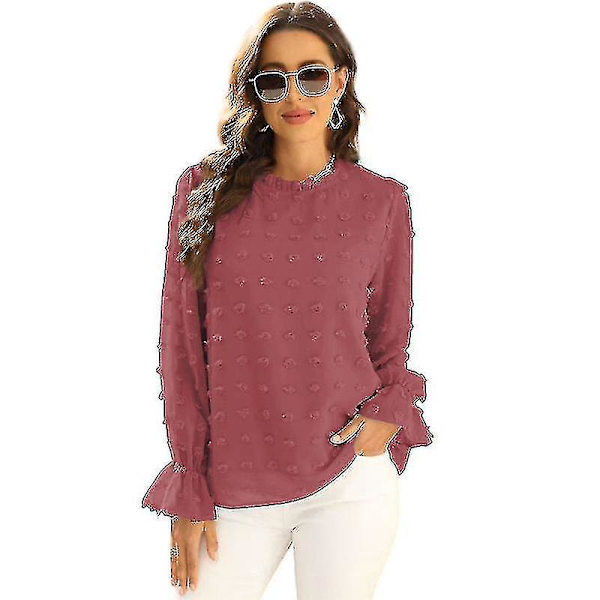 Chiffon Bluser med Lange Ærmer og Rufflet Hals - Kvinders Casual Pullover Top - Rød M