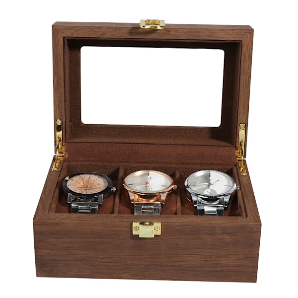 Trä 3 Grid Watch Display Box Transparent fönster Watch förvaringsbox (svart valnöt färg)