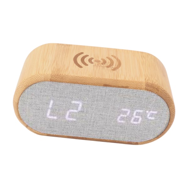 Träväckarklocka USB trådlös laddning Trä LED Digital Display Ljudkontroll för sovrum multifunktionell present
