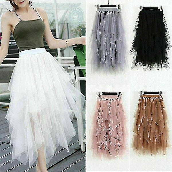 Elastisk midje beige tyll mesh lang skjørt for kvinner