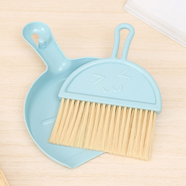 Mini Broom Dustpan Set Smile Face Plastic Handheld Efficient Cleaning Portable Small Brush Dustpan for Desktop Office Blue