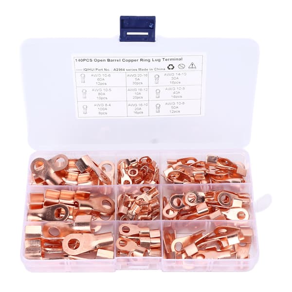 140 st Open Barrel Wire Crimp Terminal 9-Typ Koppar Ring Lugs Connector Universal för Bilar