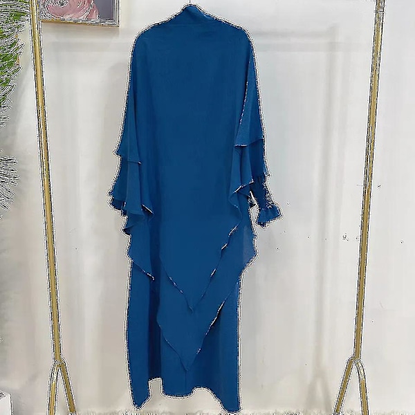 Ramadan Eid Muslimsk Kvinders 2-delt Abaya Sæt med Hijab - XL-XXL Blå Tåge Farve