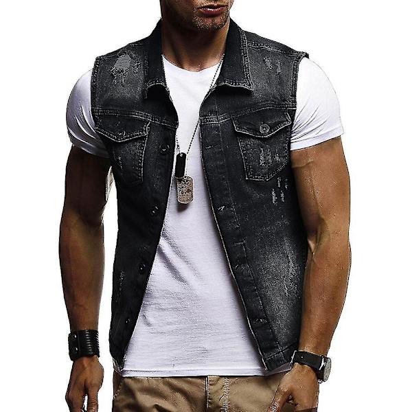Herre Vest i Denim, Smal Passform, Krage, Avslappet Stil, Svart, 3XL