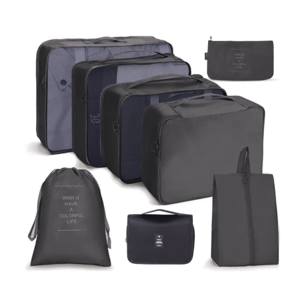 8 kpl set pakkauskuutiot matkalaukkuun, musta (yksi ilmainen lahja, kuten kuvassa)
