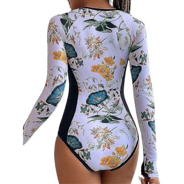Blomstermønstret Langærmet Zip-Up En-delt Surf Badedragt til Kvinder