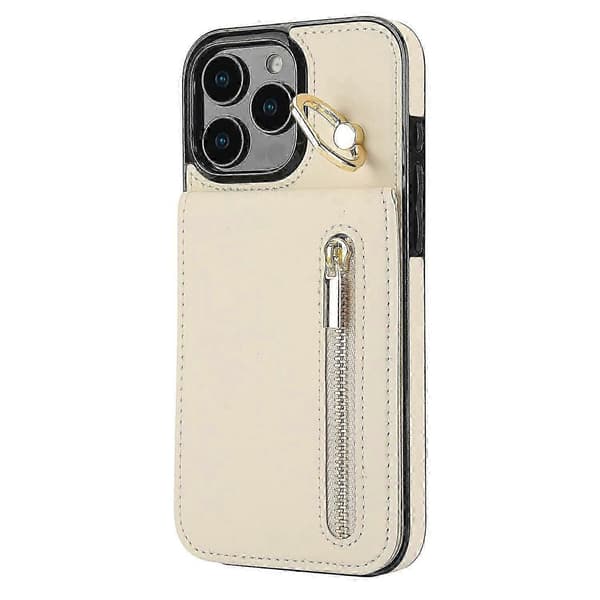 Deksler til iPhone 16 Pro Max med RFID-blokkerende ring, stativ, retrolær+tpu, fallsikkert telefondeksel - Wi Beige