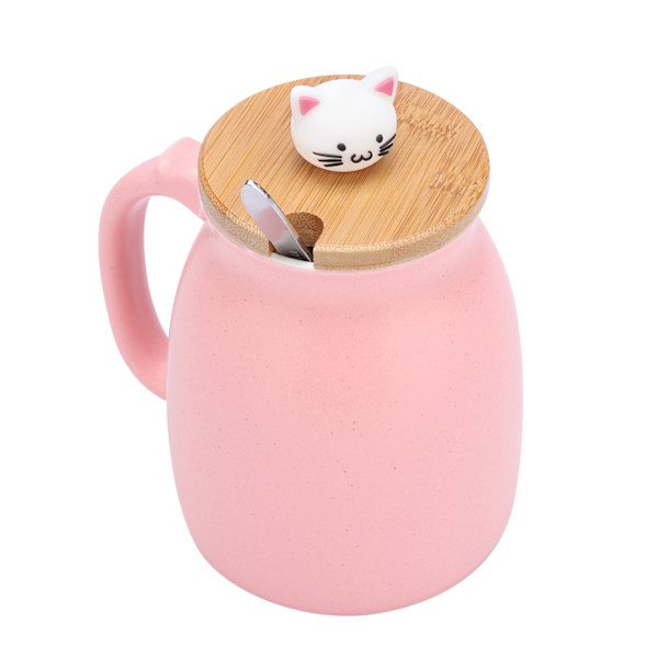1st Lovely Cat Keramikkopp med sked och lock Kaffevatten Mjölkmugg för Dryckespresent (Rosa)