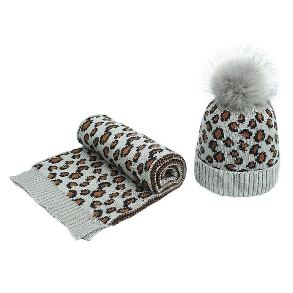 Nyt vinterhue tørklædesæt Pompom strikning Dame Leopard Beanie Warm Ski Cap light gray ONE SIZE