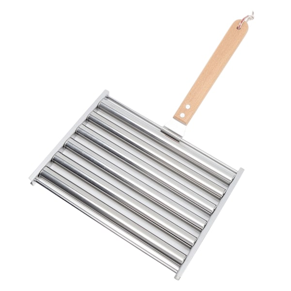 Aftagelig pølseholder i rustfrit stål med dampfunktion og ekstra langt træhåndtag 4 spyd 6 pinde design BBQ-værktøj L