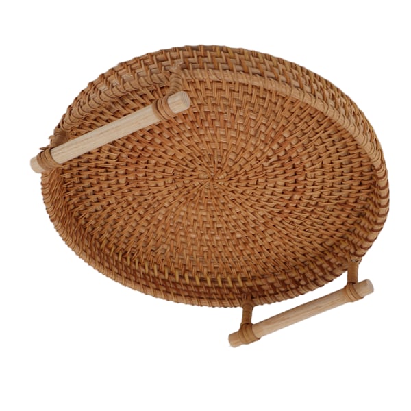 Rattan Fruit Tray with Solid Wood Handle Exquisite Hand-Woven Round Serving Tray for Storage Display Bread Fruit M