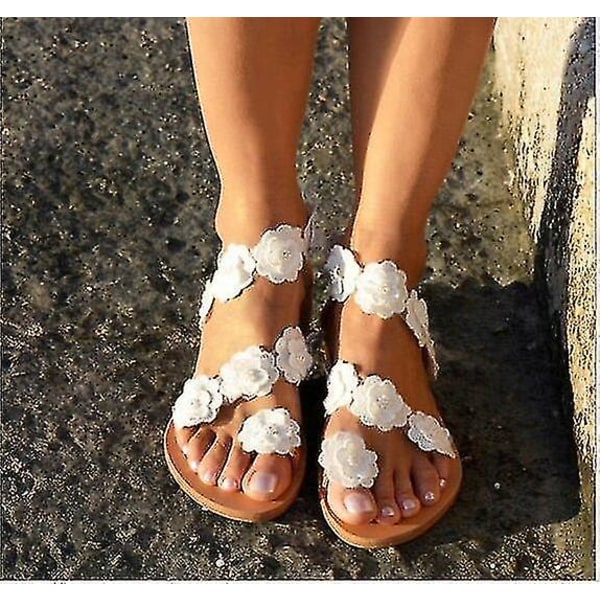 Damesandaler med blonder, elegante hvite flate sandaler, skinnsandaler 35