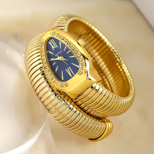 BIFANXI ormklocka, modearmbandsklocka för kvinnor, kreativ kvartsklocka guld, blå urtavla