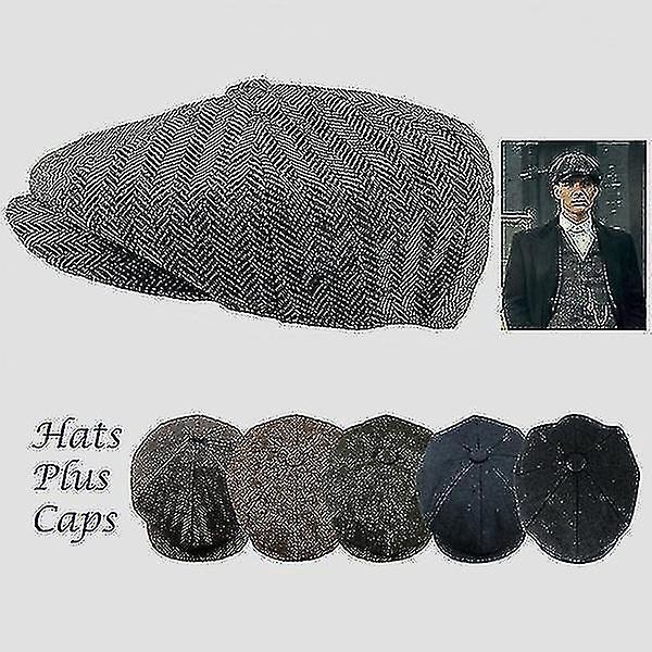 Herrar Newsboy Cap Ullbland Herringbone Tweed Vinterhatt - Mörkgrå