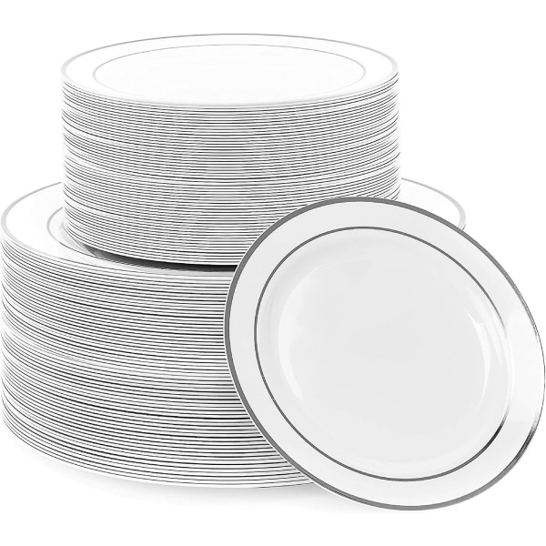 Okrossbara, silverkantade plasttallrikar för middag och efterrätt