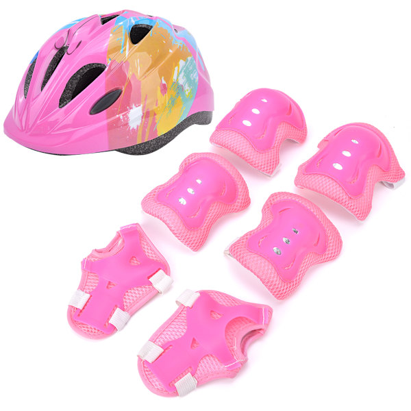 7 st Skyddsutrustning för skridskocykel för barn Säkerhetshjälm Knä Armbåge Handledsskydd Rosa färgglada barn
