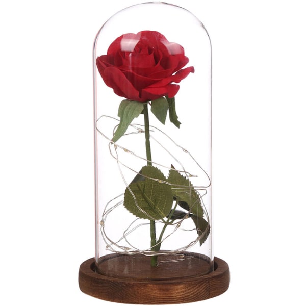 Kreativ udødelig blomst kunstig blomst glassdeksel ornament med kobbertråd lampe bursdagsgave rose blomst dekorasjon brun base