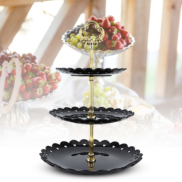 3-tasoinen hedelmä- ja jälkiruokateline Cupcake-kakkuteline Syntymäpäiväjuhla Hääjuhla (musta)