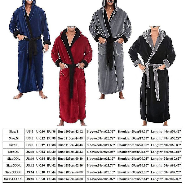 Vintermænds varm hættede badekåbe håndklæde dressing gown 4XL sort og grå