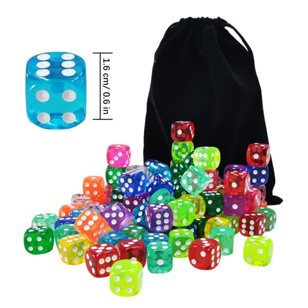 100 Pieces 16mm 6-Sided Dice Set Transparent Dice Set with Drawstring for Board Games and Teaching