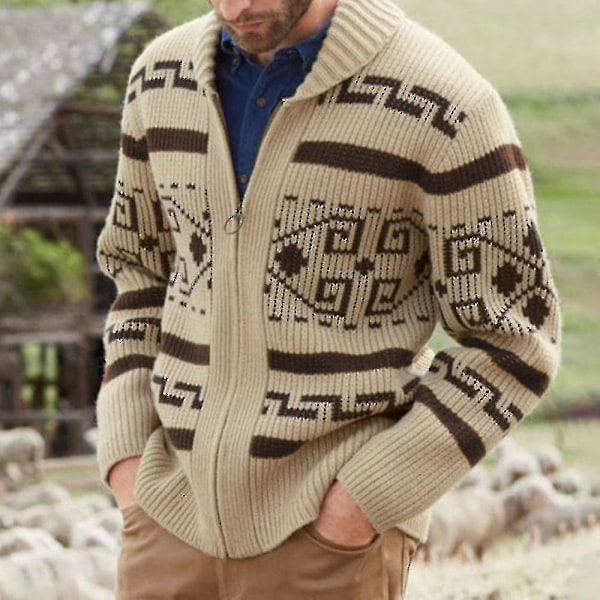 Khaki Zip Cardigan til Mænd - Jacquard Strik, Varmt Efterårs-/Vintertøj, Størrelse XXXL