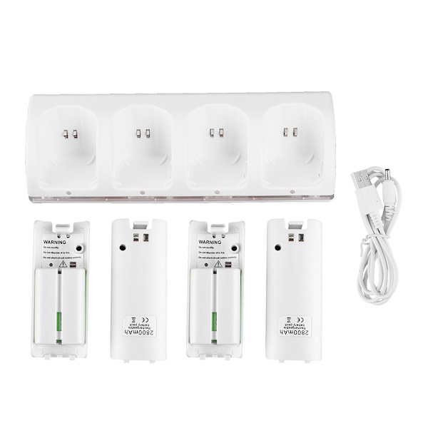 Vit 4 i 1 Laddningsstation Laddare med 4st 2800mAh batteri för Wii / Wii Uremotes2800mAh batteri