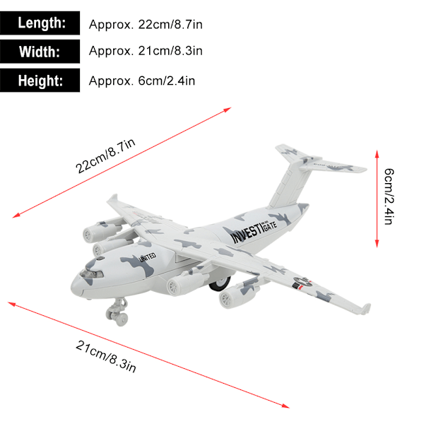 22 mm/8,7 tum legeringsflygplan Diecast modellflygplansimulering med lätt musik för barnleksaker Gåvor Grå