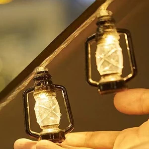 LED Black Lantern String Light Retro Waterproof Energy Saving Plastic Mini Kerosene Lamp for Camping Warm White 1.5m 10 Lights