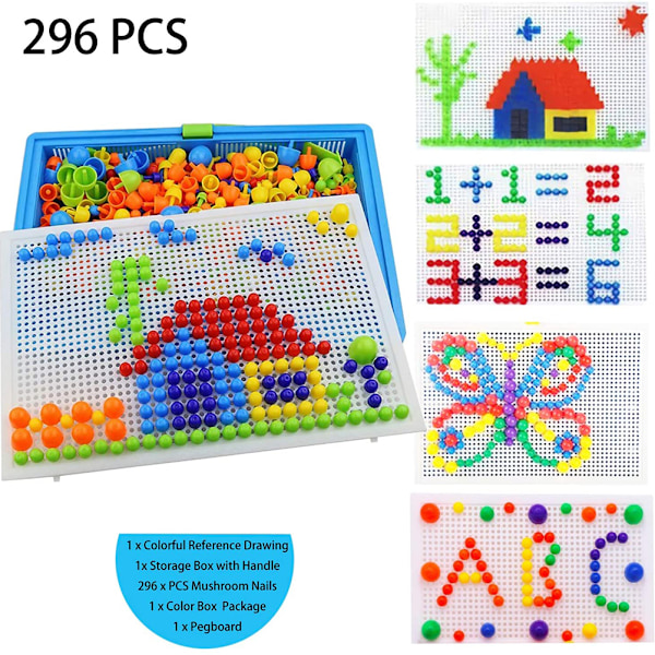 296 st färgglada svampnaglar Pegboard Pussel Set 3D Mosaik Jigsaw Game Byggstenar DIY Leksaker Kit för barn