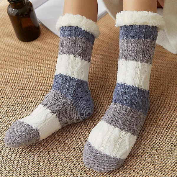 Kvinder Vinter Sovegulv Hjemmesko Sock Sne Tykke Anti-skrid fleece forede sokker Blue and white