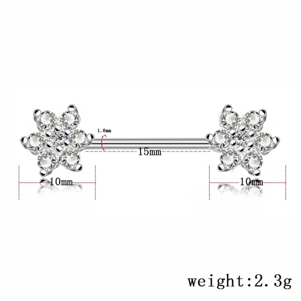 Sexiga kroppspiercing smycken Kirurgiskt stål Zirkon Blomma Nippel Ring (Silver)