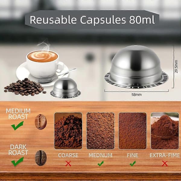 Gjenbrukbare kapsler kompatible med Nespresso Vertuo Plus/Vertuo Next/Vertuo POP, påfyllbare kapsler i rustfritt stål 80 ml[LD]