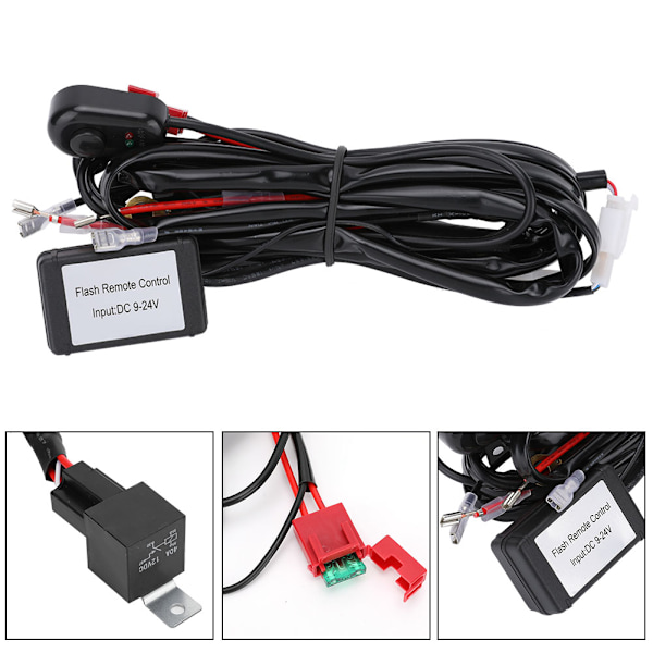 2m 2-i-1 LED-kabelsett med fjernkontroll, blinkende strobe-lys, lysstangbryter, relé, sikringssett